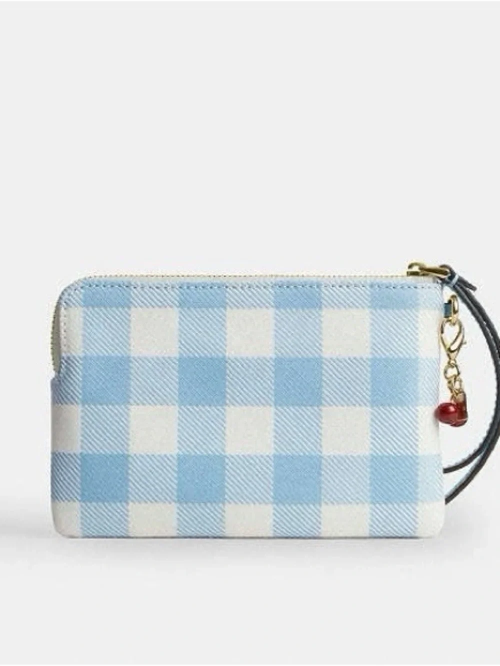 Coach Blue Gingham Wristlet Pouch with Cherry charm NWT